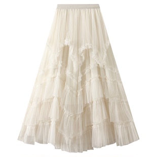 D2507 重工法式网纱半身裙春秋女长裙不规则纱裙高腰蓬蓬蛋糕裙