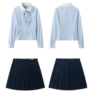 东京岁时记jk学院风衬衫蓝条长袖上衣小个子日系领结衬衣制服套装