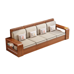 胡桃木实木沙发直排四人位冬夏两用沙发经济型三人位储物原木沙发