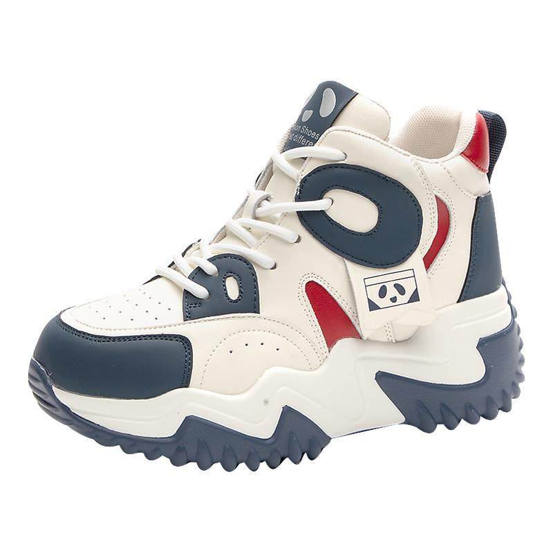 皮面蓝色老爹鞋女款轻便2026春真皮爆款内增高炸街运动休闲鞋软底