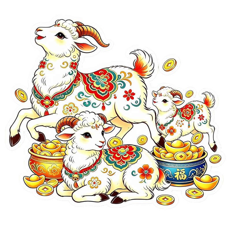 国潮三羊送宝墙贴贴纸传统花纹小羊聚宝盆钱币新年吉祥喜庆贴纸画