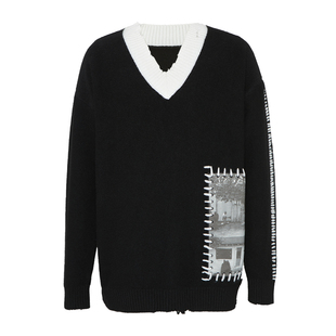 PIHO 24SS以爱之名 “家庭”黑色毛衣  V领破边印花直筒宽松上衣