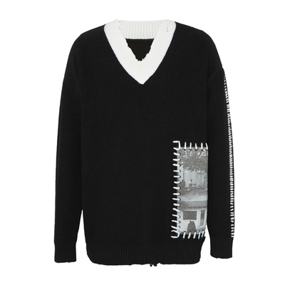 PIHO24SS羊毛V领破边印花毛衣