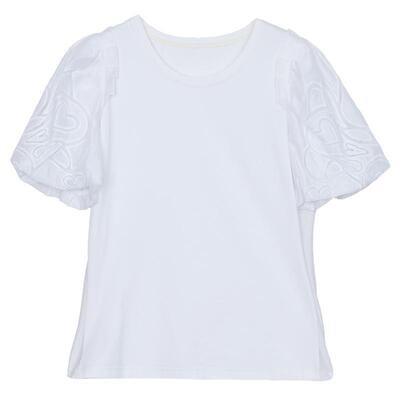 谜底T恤短袖女年夏季新品设计感绣花泡泡袖圆领上衣242MT0710