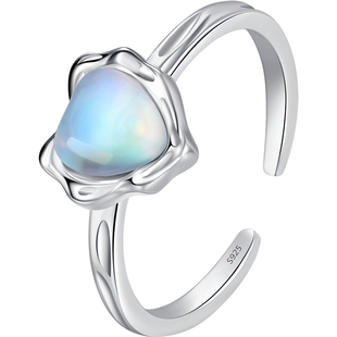 MODIAN摩典S925纯银合成月光石爱心戒指女小众设计优雅气质开口戒
