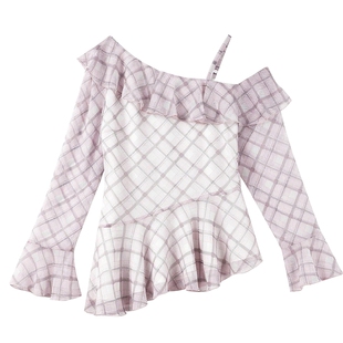 秋水伊人时尚不规则层叠荷叶边衬衫2026年春季新款女格纹印花上衣