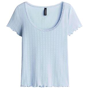 HM女装T恤春季蕾丝边网眼短袖修身低圆领短袖上衣1284156