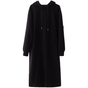 连帽加绒卫衣连衣裙女士长袖秋冬运动休闲过膝长款打底外穿黑色