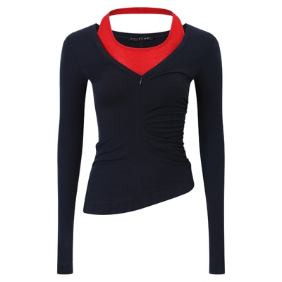 CNLEEWEI26早春新品修身褶皱不规则下摆假两件挂脖针织衫上衣