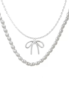 柏林少女双层叠戴珍珠蝴蝶结项链