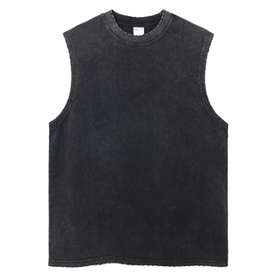 夏欧美潮牌宽松打底圆领T恤洗水蜡染做旧磨边猛坎肩美式复古背心