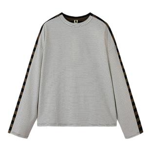 AR条纹长袖T恤上衣女秋冬家居服宽松百搭显瘦慵懒风早春男女同款