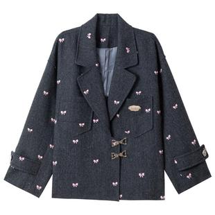 KEIKO [刺绣]人字纹羊毛呢西装外套26早春知识分子西服两件套装