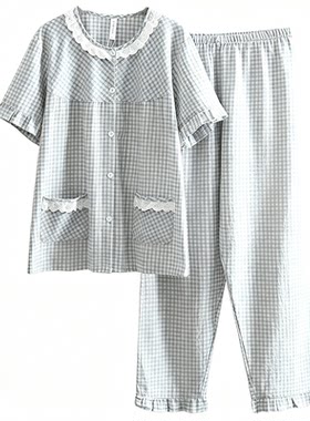 100%全棉平纹布睡衣女夏短袖长裤