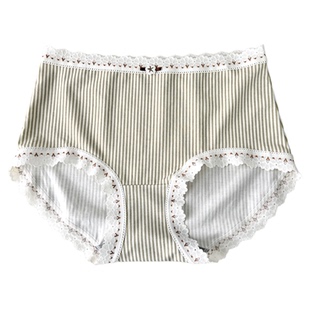 花仙子甜美蕾丝边条纹内裤女中腰包臀三角裤少女舒适棉质抗菌裆