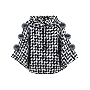 2024春季千鸟格斗篷女套头双面呢格子披肩连帽上衣宽松蝙蝠衫外套