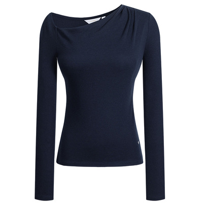 Navigare意大利小帆船春季新款女士法式斜肩长袖T恤修身露肩上衣