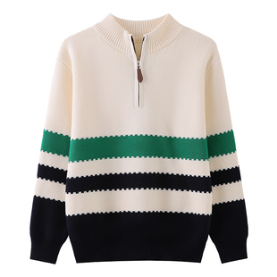 新款男童毛衣条纹拉链半高立领儿童秋冬加绒加厚中大童男孩针织衫