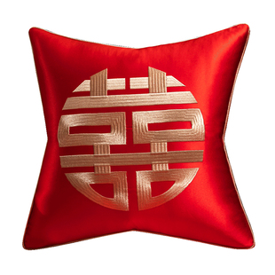 新中式婚庆抱枕客厅沙发靠垫红色结婚喜字刺绣靠枕婚房床头靠背垫
