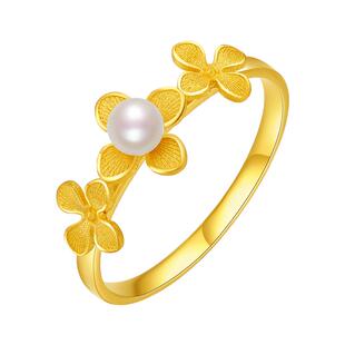 周六福黄金珍珠戒指绣球花镶嵌镶爱999系列足金新中式手饰女官方