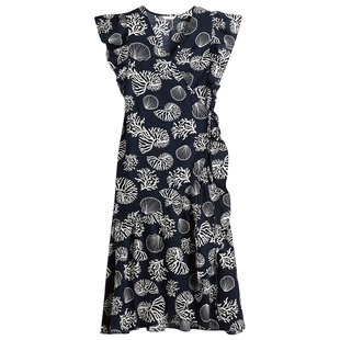 HM女装连衣裙春季飞袖印花雅致裹身收腰气质海洋印花长裙1290650