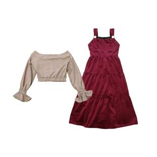 鲸鱼原创自制chic酒红色丝绒吊带裙杏色露肩荷叶袖上衣两件套装女