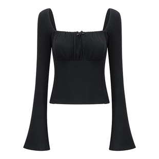 Go Girl Go 自制欧美风立体剪裁修身显瘦方领长袖黑色正肩T恤女