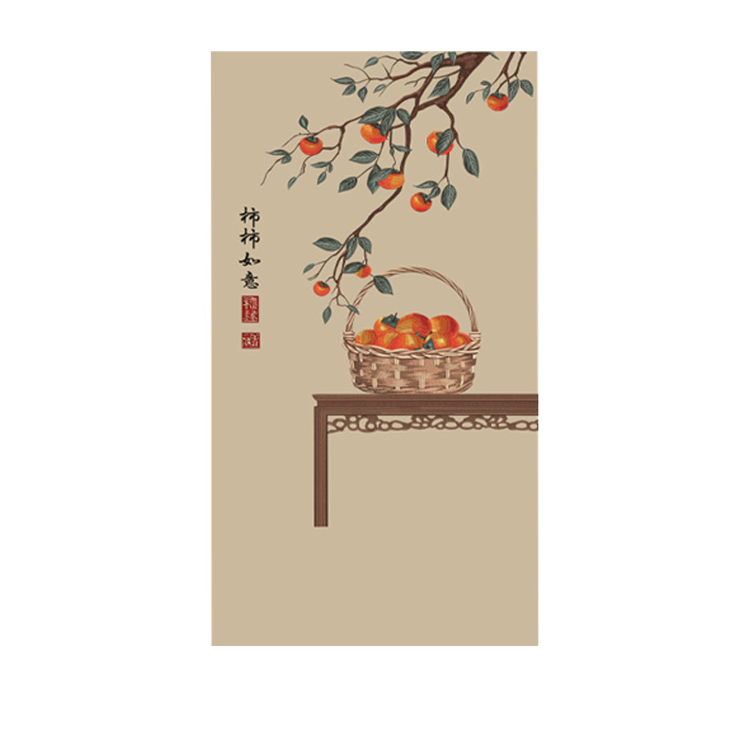 独绣刺绣无缝壁布事事如意客厅电视沙发背景墙布新中式柿子玄关