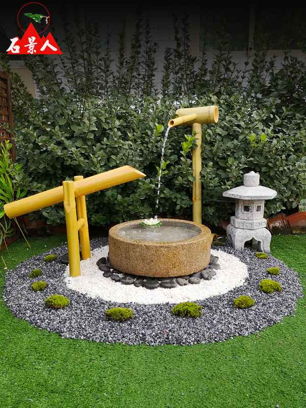 日式庭院石钵石缸流水造景惊鹿花园民宿枯山水禅意水景观石盆水钵