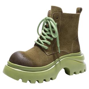 四月倾城秋冬新款厚底撞色英伦风磨砂皮马丁靴真皮机车靴短靴棉靴