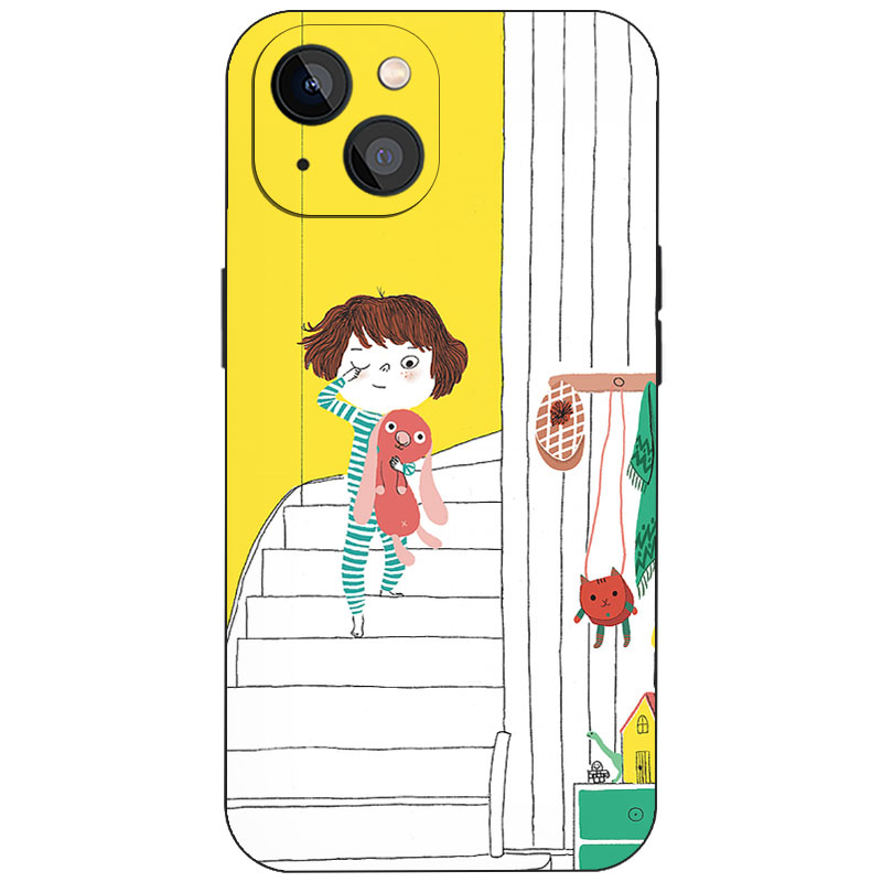 简约楼梯抱兔子睡衣小女孩 ins童趣手绘手机壳适用于iPhone17苹果16软萌少女学生磁吸磨砂硅胶全包防摔保护套