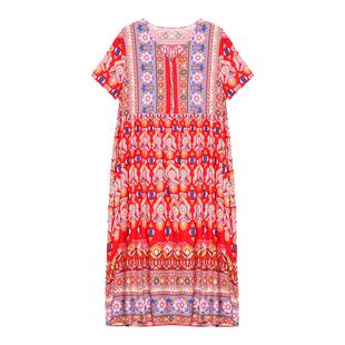 高端棉绸连衣裙女新款夏季女妈妈民族风人造棉宽松大码外穿长裙子