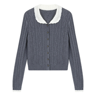 pusumede 自留款推荐~娃娃领麻花毛衣女设计感短款针织开衫上衣