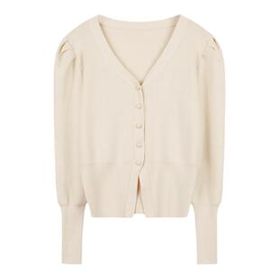 弥古v领收腰针织毛衣女秋冬内搭法式泡泡袖打底衫上衣新年红外套