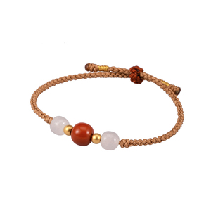 足金999转运珠黄金珠手工编织红绳手绳南红和田玉手链女古风礼物