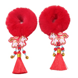 2026新年喜庆红色毛绒发圈女童扎丸子小马流苏发绳过年汉服头饰