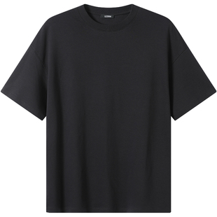 LEZORA美产300g重磅supima双面液氨匹马棉 宽松落肩黑色短袖T恤男