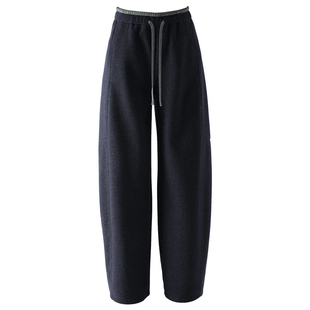 黑灰色加绒毛呢裤弯刀裤女2025新款冬季梨型身材裤子休闲裤阔腿裤