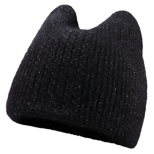 日系保暖针织帽子女秋冬百搭猫耳朵毛线帽安哥拉兔毛帽护耳冷帽潮