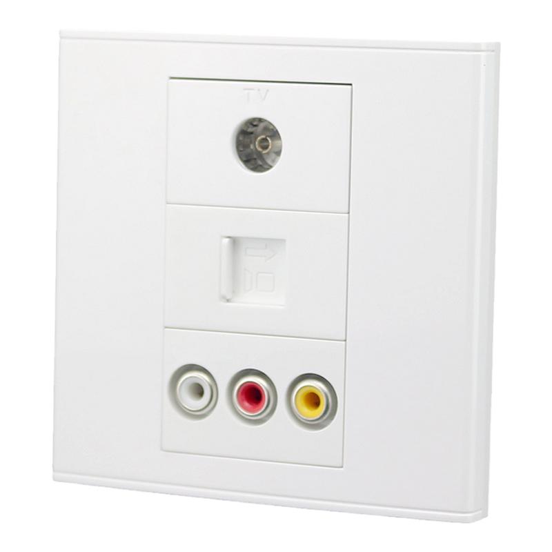 86型RJ45电脑网络+TV有线电视+红黄白AV音视频免焊接线插座面板