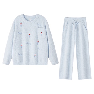 BE半边绒睡衣女款冬季长袖女士珊瑚绒秋冬加厚家居服加绒冬天毛绒