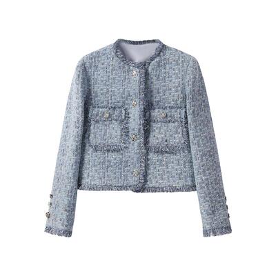 马克华菲女装粗花呢复古小香风气质短外套春装正肩圆领纽长袖上衣