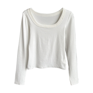 方领长袖t恤2025冬女流行新款内搭加绒打底衫修身低u领白色小上衣