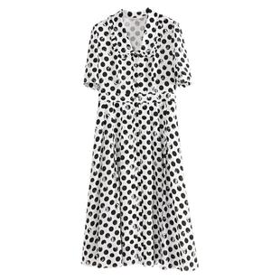 Yifini/易菲波点印花翻领短袖高腰连衣裙女夏新款宽松雪纺裙