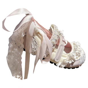 pinkyo原创法式蕾丝芭蕾舞单鞋2024夏季可爱圆头百搭配裙子平底鞋