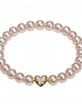 春夏法式温柔曼塔玫瑰色珍珠桃心蝴蝶结纯银手串轻奢高级感手链女