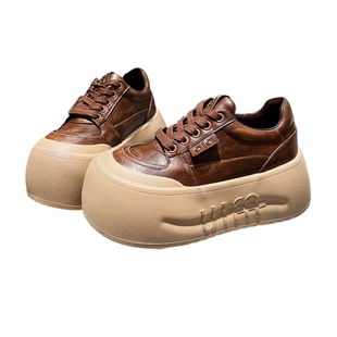 2025新款真皮厚底松糕小个子6cm增高休闲鞋大头面包鞋超高跟女鞋