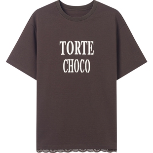 衣香丽影短袖字母T恤女2025年夏装新款宽松复古休闲蕾丝拼接上衣