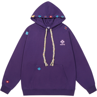 GUUKA潮牌花卉刺绣深紫色卫衣女 重磅纯棉加绒连帽衫落肩上衣宽松