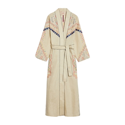 刺绣系带长款风衣外套